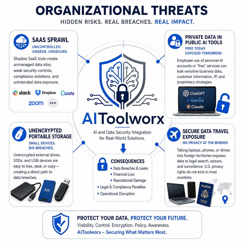 Organizational threats diagram showing threat categories and the AIToolworx shield